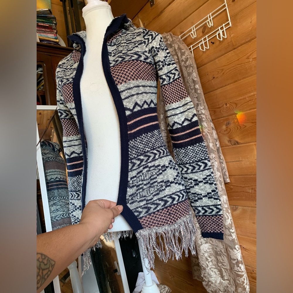 Made USA Hooded Cardigan Sweater Navy Pink White Small Y2K Cotton Fringe Aztec‎